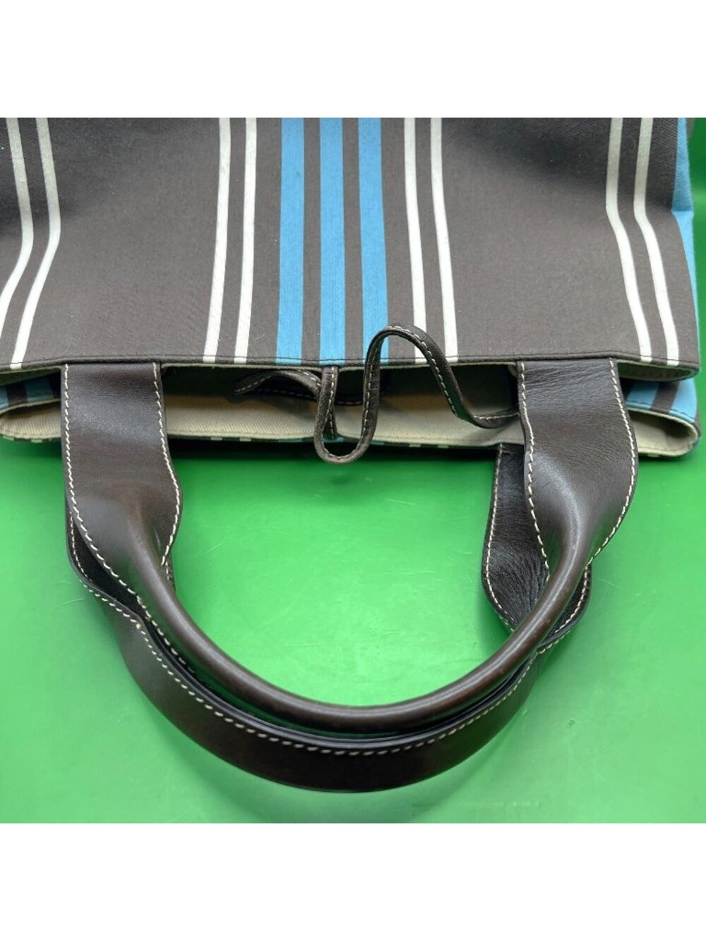 Kate Spade NY Striped Canvas Tote Bag Blue Brown White Leather Handles Italy VTG - Picture 7 of 15